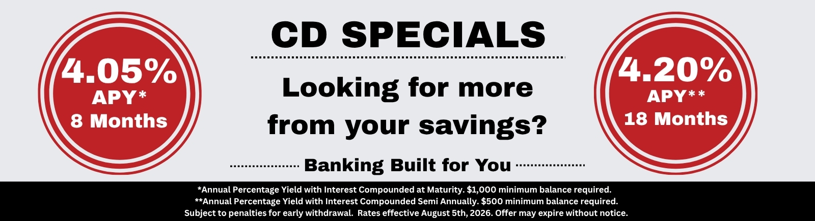 CD SPECIALS Looking for more from your savings? Banking Built for You 4.05% APY* 8 Months *Annual Percentage Yield with Interest Compounded at Maturity. $1,000 minimum balance required. 4.20% APY** 18 Months **Annual Percentage Yield with Interest Compounded Semi Annually. $500 minimum balance required. Subject to penalties for early withdrawal. Rates effective August 5th, 2026. Offer may expire without notice.